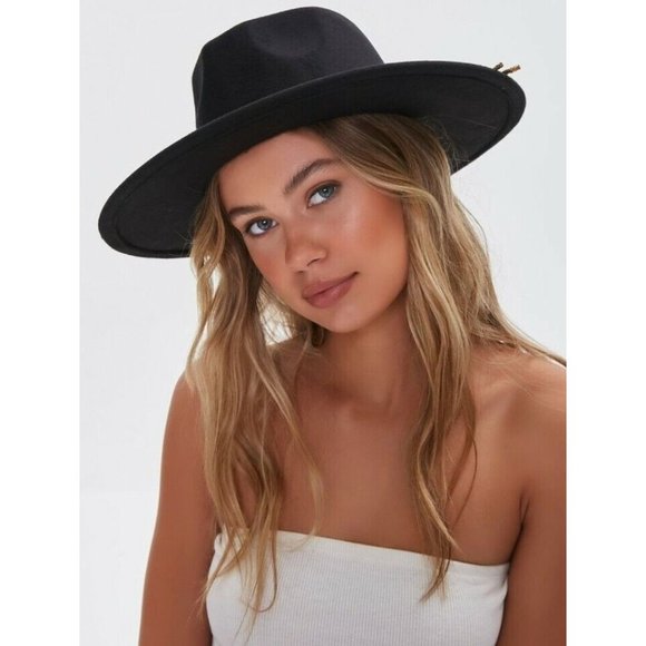 FEDOR LARGE BRIM FELT HAT BLACK WITH GOLD CURB CHAIN DETAILING SIZE M/L NWT - Picture 2 of 10